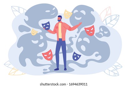 Dissociative Identity Disorder, Many Personality. Mask with Different Emotion around Middle-aged Man. Several Personality Settled in Mind, Psychological Illness. He Smile and Gesture while Talking.