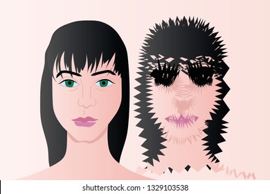 Dissociative Identity Disorder vector illustration. Woman with other distorted face. Split Personality Disorder, Borderline Disorder, Schizophrenia. Mental illness.