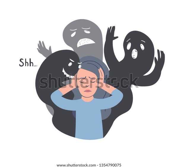 Dissociative Identity\
Disorder vector illustration. Woman with other faces silhouettes.\
Split Personality Disorder, Borderline Disorder, Schizophrenia.\
Mental illness.