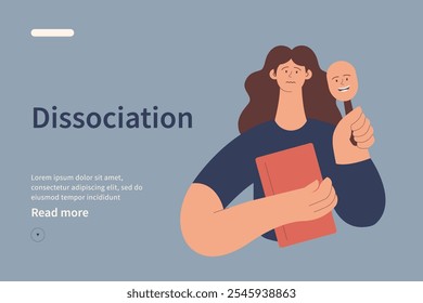 Concepto de Sitio web del trastorno de identidad disociativo. La mujer se siente como una pretendiente, el engañador esconde su cara bajo una máscara. Ilustración vectorial plana moderna