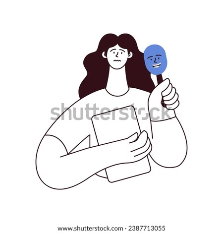 Dissociative identity disorder. Woman feels like a pretender, deceiver hides her face under a mask. Black and white modern flat vector illustration