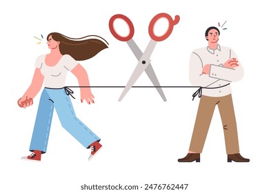 Dissolution of man and woman, who failed in choosing good partner for marriage, with scissors cutting bond between couple. Dissolution of spouses after quarrel and mutual insults or adultery