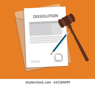 Dissolution text on stamped paperwork illustration with judge hammer and folder document with orange background