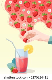 Dissolvable Drink. Vitamin cocktail with strawberry flavor. Berry smoothie. Vector colorful illustration for design and advertising. The hand holds a soluble cube.