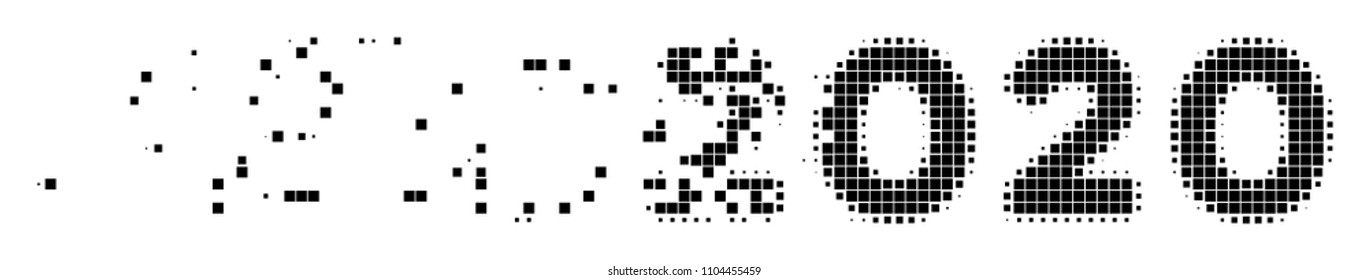 Dissolved 2020 year text dot vector icon with disintegration effect. Rectangular elements are composed into dissolving 2020 year text shape.