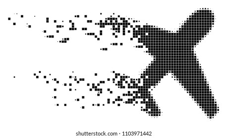 Dissolved airplane dotted vector icon with disintegration effect. Rectangle fragments are arranged into damaging airplane figure. Pixel dust effect demonstrates speed and motion of cyberspace matter.