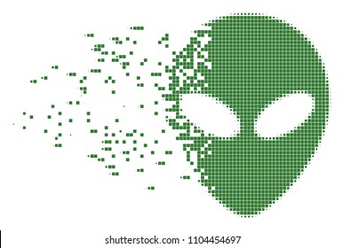 Dissolved alien face dotted vector icon with disintegration effect. Rectangle dots are organized into damaging alien face shape.