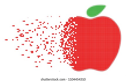 Dissolved apple dot vector icon with disintegration effect. Rectangular pixels are organized into dissolving apple shape. Pixel dissolution effect shows speed and movement of cyberspace items.