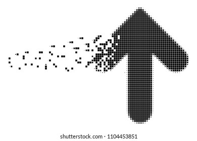 Dissolved arrow up dot vector icon with disintegration effect. Square fragments are grouped into disappearing arrow up figure.