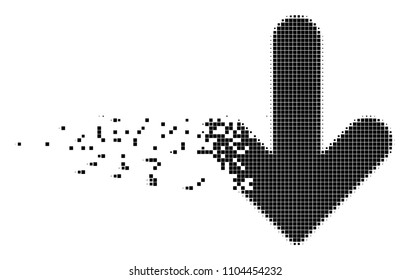 Dissolved arrow down dot vector icon with disintegration effect. Rectangle elements are composed into dissolving arrow down shape.