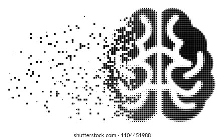Dissolved brain dot vector icon with disintegration effect. Square pieces are grouped into dissipated brain figure. Pixel disappearing effect demonstrates speed and movement of cyberspace items.
