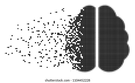 Dissolved brain dot vector icon with disintegration effect. Square fragments are grouped into dispersed brain shape. Pixel disappearing effect shows speed and motion of cyberspace matter.