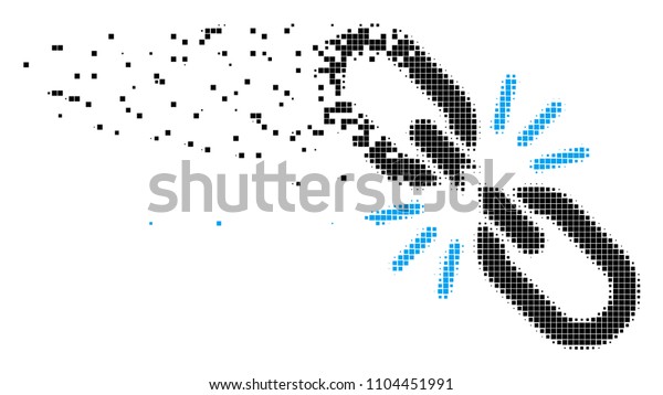 Dissolved break chain link dot vector icon with\
disintegration effect. Rectangle dots are combined into damaging\
break chain link\
figure.