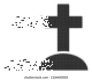 Dissolved cemetery dot vector icon with disintegration effect. Rectangular cells are arranged into disappearing cemetery figure.