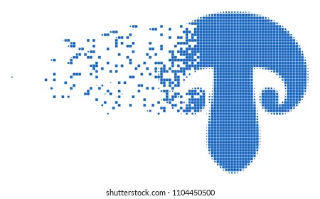 Dissolved champignon mushroom dotted vector icon with disintegration effect. Rectangle dots are organized into dissolving champignon mushroom shape.