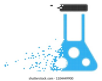Dissolved chemistry dot vector icon with disintegration effect. Rectangle dots are composed into dissipated chemistry shape. Pixel dust effect shows speed and motion of cyberspace abstractions.
