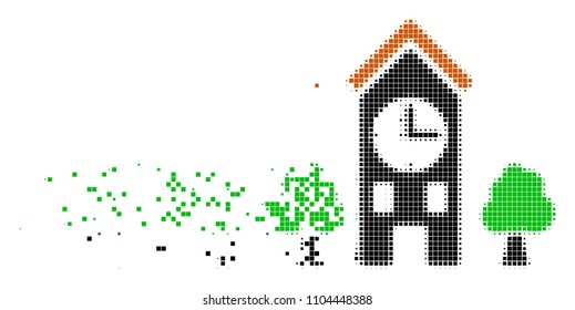 Dissolved clock tower dotted vector icon with disintegration effect. Rectangular dots are grouped into dissolving clock tower form.