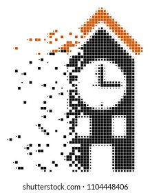 Dissolved clock tower dotted vector icon with disintegration effect. Rectangular particles are arranged into dissipated clock tower figure.