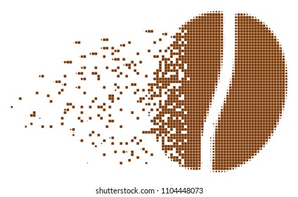 Dissolved coffee bean dotted vector icon with disintegration effect. Rectangle dots are organized into dissipated coffee bean figure.