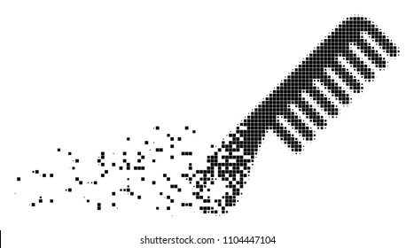 Dissolved comb dotted vector icon with disintegration effect. Square particles are arranged into dissolving comb form. Pixel explosion effect shows speed and movement of cyberspace abstractions.