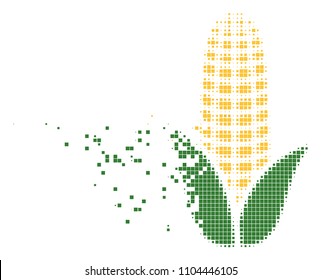 Dissolved corn dot vector icon with disintegration effect. Rectangular cells are organized into dispersed corn form. Pixel dispersing effect shows speed and motion of cyberspace things.
