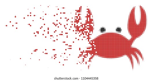 Dissolved crab dot vector icon with disintegration effect. Square pixels are composed into dispersed crab form. Pixel dust effect shows speed and motion of cyberspace matter.