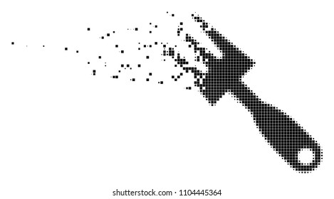 Dissolved cultivator rake dot vector icon with disintegration effect. Rectangular elements are combined into disappearing cultivator rake figure.