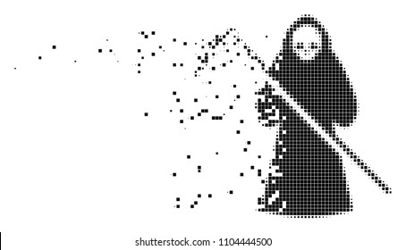 Dissolved death scytheman dot vector icon with disintegration effect. Rectangle cells are composed into dispersed death scytheman shape.