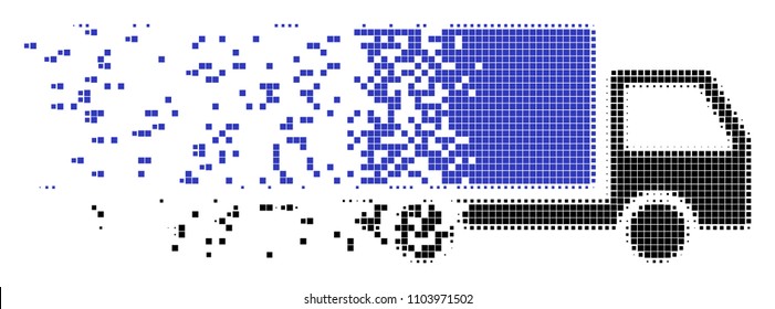 Dissolved delivery lorry dot vector icon with disintegration effect. Square fragments are combined into dissolving delivery lorry figure.