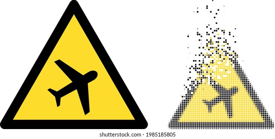 Dissolved dot airplane warning vector icon with destruction effect, and original vector image. Pixel destruction effect for airplane warning demonstrates speed and movement of cyberspace objects.