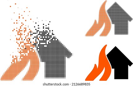 Dissolved dot burn house vector icon with wind effect, and original vector image. Pixel fragmentation effect for burn house shows speed and movement of cyberspace abstractions.