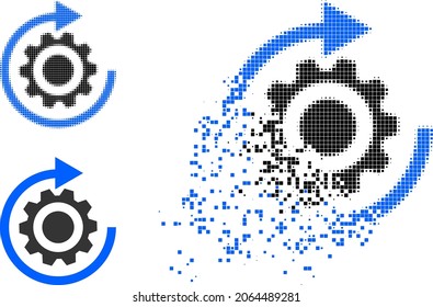 Dissolved dot gear rotation glyph with halftone version. Vector destruction effect for gear rotation icon. Pixel destruction effect for gear rotation gives movement of cyberspace concepts.
