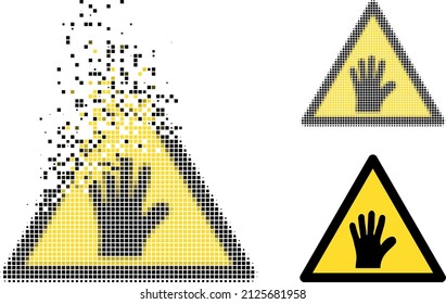 Dissolved dot hand warning vector icon with destruction effect, and original vector image. Pixel disappearing effect for hand warning shows speed and motion of cyberspace matter.