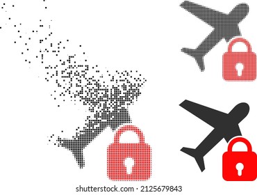 Dissolved dot locked airplane vector icon with wind effect, and original vector image. Pixel disappearing effect for locked airplane shows speed and movement of cyberspace concepts.