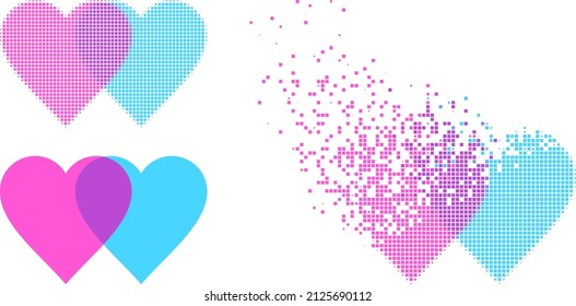 Dissolved dot lovely hearts vector icon with destruction effect, and original vector image. Pixel destruction effect for lovely hearts shows speed and movement of cyberspace abstractions.