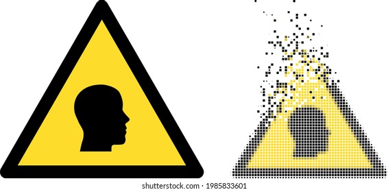 Dissolved dot man warning vector icon with destruction effect, and original vector image. Pixel defragmentation effect for man warning demonstrates speed and movement of cyberspace abstractions.