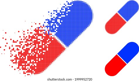 Dissolved dot medical pill pictogram with halftone version. Vector destruction effect for medical pill pictogram. Pixel disappearing effect for medical pill gives movement of cyberspace items.