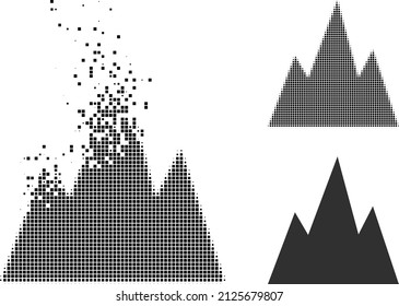 Dissolved dot mountains vector icon with wind effect, and original vector image. Pixel dissolution effect for mountains shows speed and movement of cyberspace items.