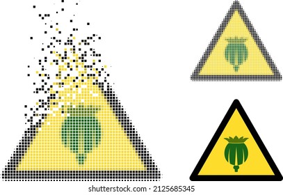 Dissolved dot opium poppy warning vector icon with destruction effect, and original vector image. Pixel destruction effect for opium poppy warning shows speed and motion of cyberspace matter.