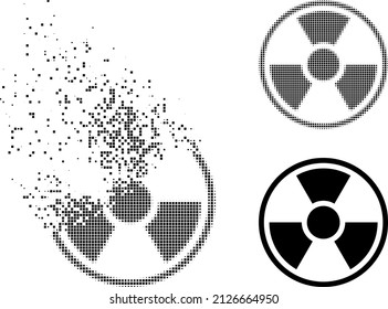 Dissolved dot radioactive symbol vector icon with wind effect, and original vector image. Pixel burst effect for radioactive symbol demonstrates speed and motion of cyberspace items.