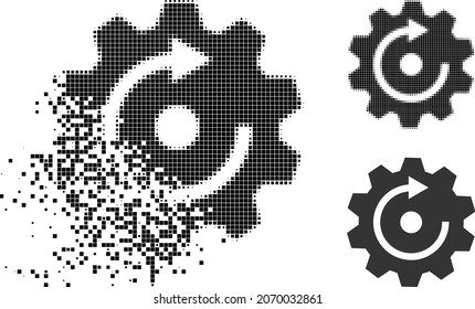 Getriebesymbol mit ungelöster Punktdrehung mit Halbtonversion. Vektorzerstörungseffekt für das rotierende Gangsymbol. Der Effekt der Pixelvernichtung bei drehendem Getriebe zeigt die Bewegung von Cyberspace-Materie.