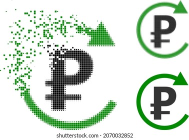 Dissolved dot rouble repay pictogram with halftone version. Vector wind effect for rouble repay symbol. Pixel dematerialization effect for rouble repay reproduces movement of virtual items.