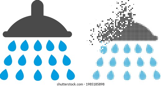Dissolved dot shower vector icon with wind effect, and original vector image. Pixel abrasion effect for shower shows speed and motion of cyberspace items.