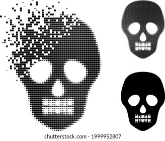 Piktogramm mit gelöstem Punkt-Schädel mit halftone Version. Vektorzerstörungseffekt für Schädelpiktogramm. Der Pixeltransformationseffekt für den Schädel reproduziert die Geschwindigkeit der Abstraktionen im Cyberspace.