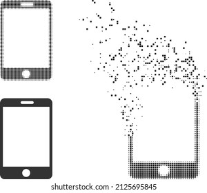 Dissolved dot smartphone vector icon with destruction effect, and original vector image. Pixel mist effect for smartphone demonstrates speed and movement of cyberspace things.