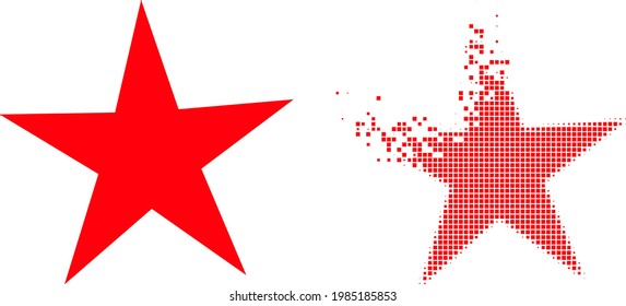Dissolved dot star vector icon with wind effect, and original vector image. Pixel transformation effect for star shows speed and motion of cyberspace items.