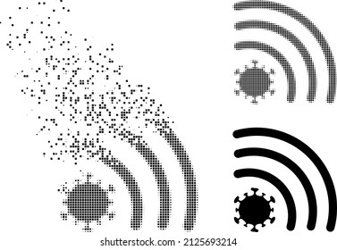Das aufgelöste Wi-Fi-Signal-Vektorsymbol mit Zerstörungseffekt und Originalvektorbild. Pixel Zerstörungseffekt für Virus-Wi-Fi-Signal zeigt Geschwindigkeit und Bewegung von Cyberspace-Dingen.