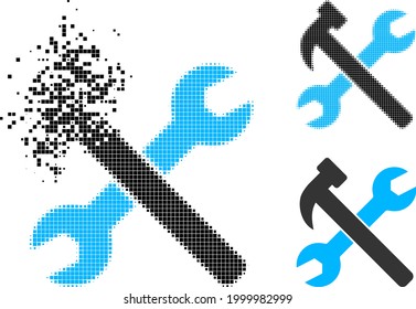 Dissolved dot wrench and hammer icon with halftone version. Vector destruction effect for wrench and hammer icon. Pixel destruction effect for wrench and hammer shows movement of cyberspace matter.