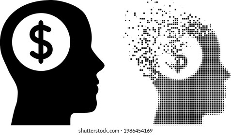 Dissolved dotted bank thinking vector icon with destruction effect, and original vector image. Pixel dissolving effect for bank thinking demonstrates speed and movement of cyberspace things.