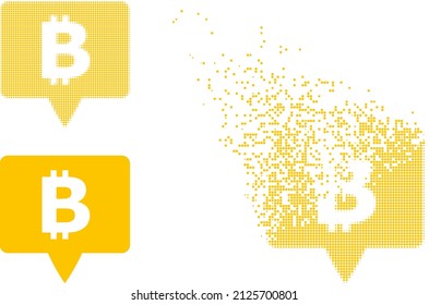 Dissolved dotted bitcoin banner vector icon with destruction effect, and original vector image. Pixel destruction effect for bitcoin banner demonstrates speed and movement of cyberspace matter.